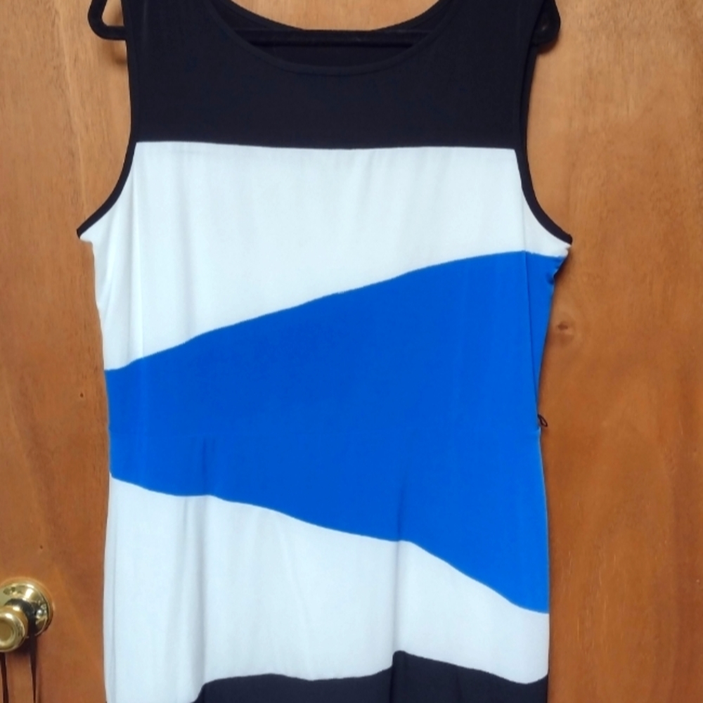 Blue, black, white zig zag dress